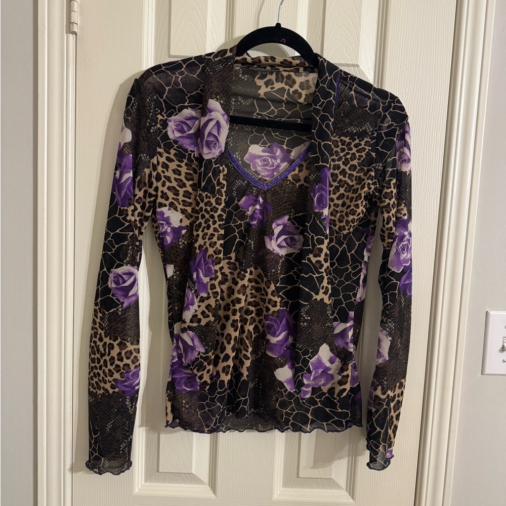 Morgan de Toi Leopard and Purple Floral Blouse